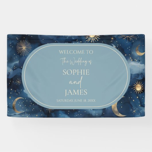 Blauw Goud Hemels Elegante Sterrenhemel Bruiloft Spandoek (Horizontaal)
