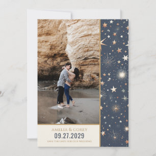Blauw & Goud Hemels Huwelijk Save The Date