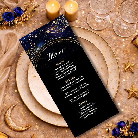 Blauw goud hemelsastronomie sterren bruiloft menu