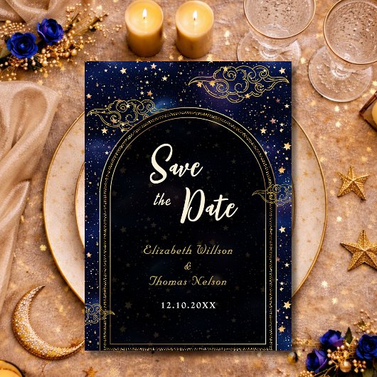 Blauw goud hemelsastronomie sterren bruiloft save the date