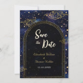 Blauw goud hemelsastronomie sterren bruiloft save the date (Voorkant)