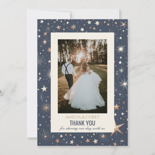 Blauw & Goud Hemelse Bruiloft Bedankkaart (Voorkant)