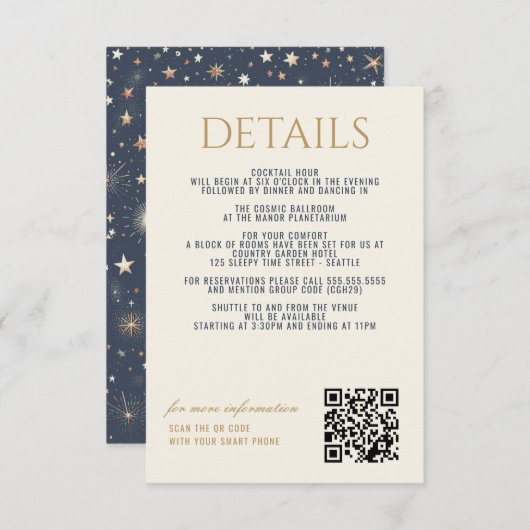 Blauw & Goud Hemelse Bruiloft Informatiekaartje (Voorkant / Achterkant)