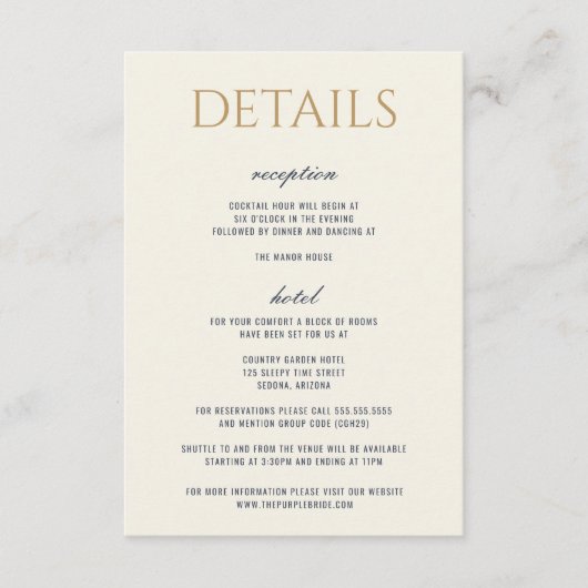 Blauw & Goud Hemelse Bruiloft Informatiekaartje (Voorkant)