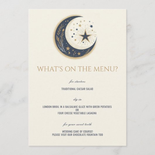 Blauw & Goud Hemelse Bruiloft Menu (Voorkant)
