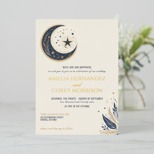 Blauw & Goud Hemelse Bruiloft Uitnodiging (Staand Voorkant)