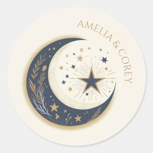 Blauw & Goud Hemelse Bruiloft Uitnodiging Ronde Sticker (Voorkant)