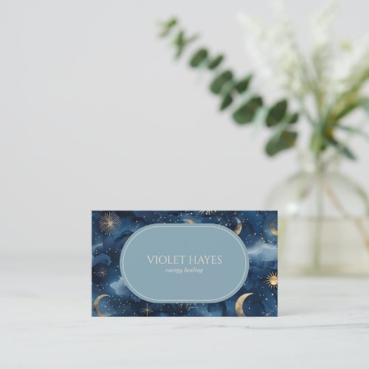Blauw Goud Hemelse Maan Zonnesterren Custom Visitekaartje (Staand voorkant)