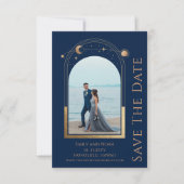 Blauw Goud Hemelse Zon Maan Sterren Dubbele Foto Save The Date (Voorkant)