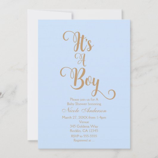 Blauw & Goud Het is een Jongen Baby Douche Uitnodi Kaart (Voorkant)