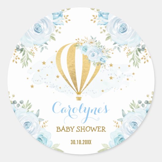 Blauw Goud Hete Luchtballon Reizen Avontuur Bloeme Ronde Sticker (Voorkant)