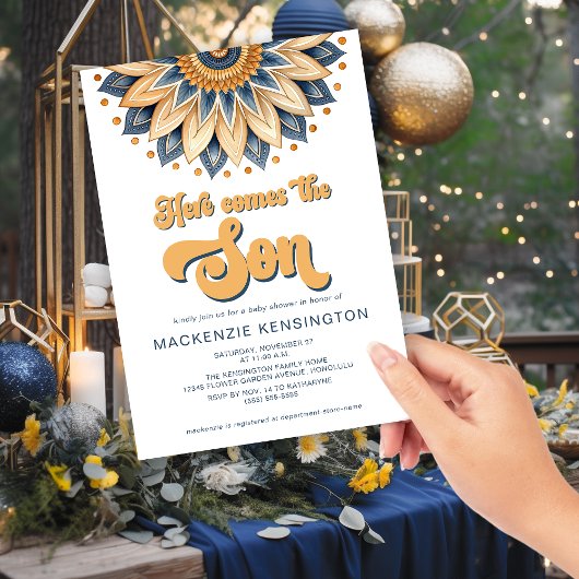 Blauw goud hier komt het Son Baby shower Kaart