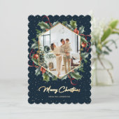 Blauw Goud Holly Krans Foto Vrolijk Kerstfeest Kaa Feestdagenkaart (Staand voorkant)