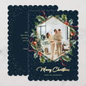 Blauw Goud Holly Krans Foto Vrolijk Kerstfeest Kaa Feestdagenkaart (Voorkant / Achterkant)