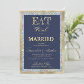 Blauw goud holografie Eat Drink Be Married Kaart (Staand voorkant)