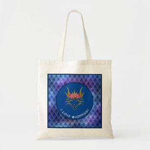 Blauw & goud I-liefdeswinkeldrakenhoofd & schalen Tote Bag