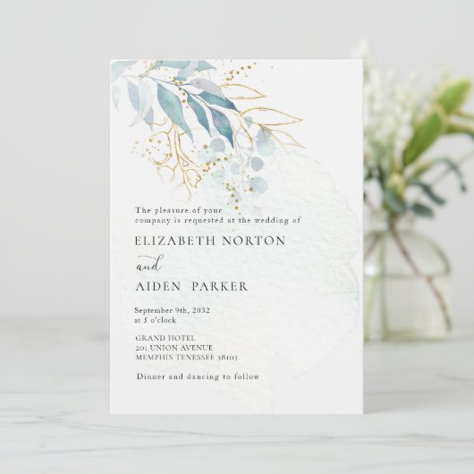 Blauw Goud (Imitat) Wit Bruiloft Collectie Kaart (Staand voorkant)