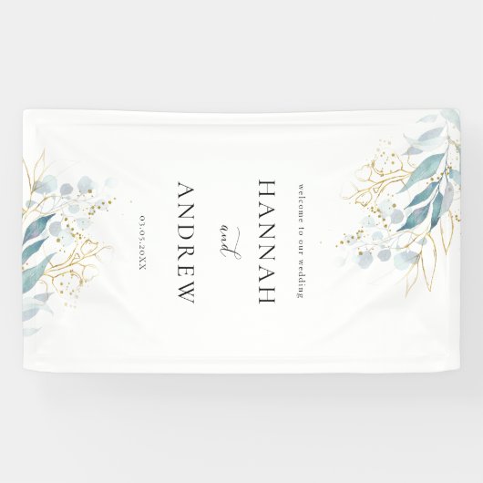 Blauw Goud (Imitat) Wit Bruiloft Collectie Spandoek (Horizontaal)