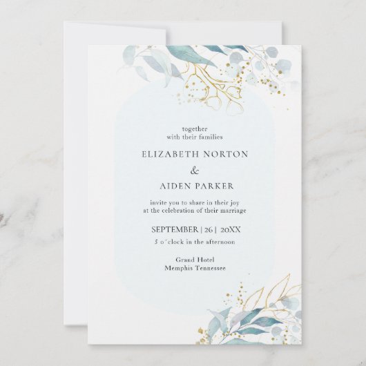 Blauw Goud (Imiteer) Waterverf Bruiloft Collectie Kaart (Voorkant)
