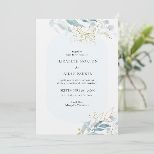 Blauw Goud (Imiteer) Waterverf Bruiloft Collectie Kaart (Staand voorkant)