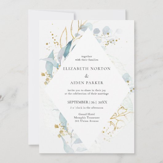 Blauw Goud (Imiteer) Waterverf Bruiloft Collectie Kaart (Voorkant)