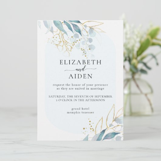 Blauw Goud (Imiteer) Wit Bruiloft Collectie Invi Kaart (Staand voorkant)