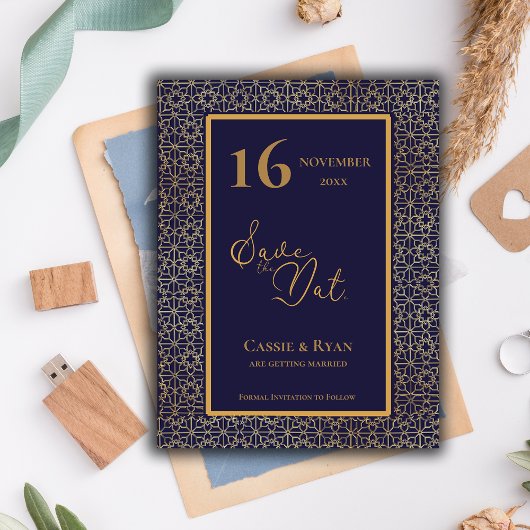 Blauw Goud Ingewikkeld Ontwerp Trouwen Save the Da Briefkaart
