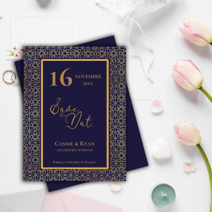 Blauw Goud Ingewikkeld Ontwerp Trouwen Save the Da Uitnodiging Briefkaart