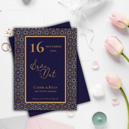 Blauw Goud Ingewikkeld Ontwerp Trouwen Save the Da Uitnodiging Briefkaart