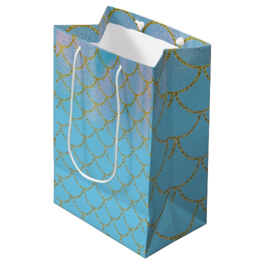 Blauw & Goud Iriserend Glanzende Zeemeermin Feestj Medium Cadeauzakje (Voorkant Gekanteld)