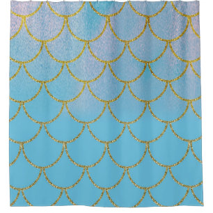 Blauw & Goud Iriserend Glanzende Zeemeermin Schubb Douchegordijn
