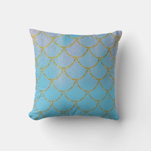 Blauw & Goud Iriserend Glanzende Zeemeermin Schubb Kussen (Voorkant)