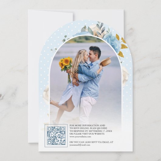 Blauw Goud Ivoor Bloemen Rozen QR Code Foto Huweli Kaart (Achterkant)
