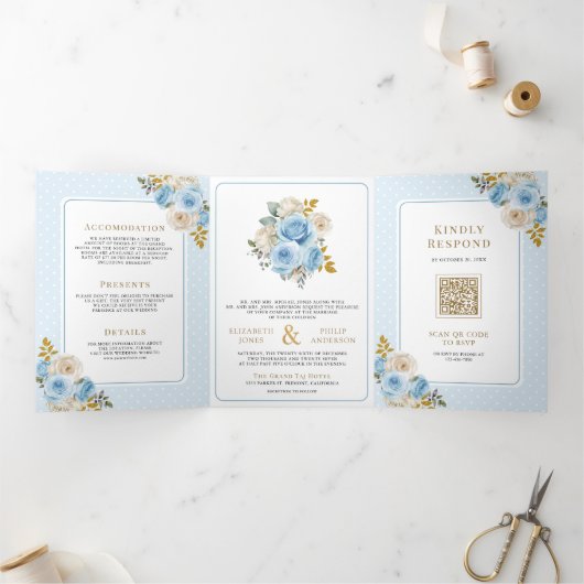 Blauw Goud Ivoor Bloemrozen Alles in Eén Trouwfees Drieluik Uitnodiging (Binnen)