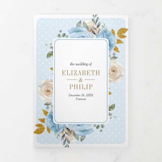 Blauw Goud Ivoor Bloemrozen Alles in Eén Trouwfees Drieluik Uitnodiging (Cover)