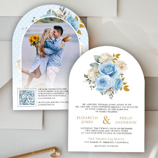 Blauw Goud Ivoor Bloemrozen QR Code Foto Bruiloft Kaart