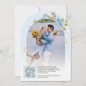 Blauw Goud Ivoor Bloemrozen QR Code Foto Bruiloft Kaart (Achterkant)