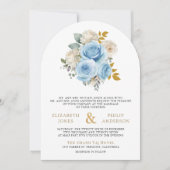 Blauw Goud Ivoor Bloemrozen QR Code Foto Bruiloft Kaart (Voorkant)