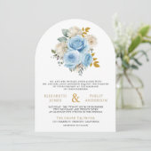 Blauw Goud Ivoor Bloemrozen QR Code Foto Bruiloft Kaart (Staand voorkant)