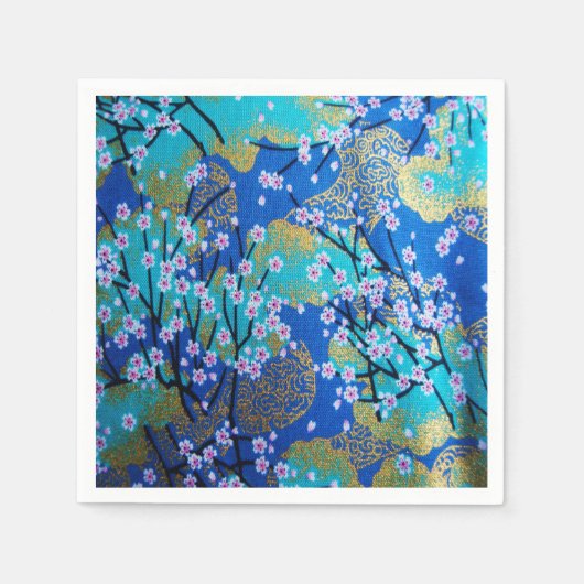 Blauw Goud Japans Kimono Bloemen Decoupage Papier Servet (Voorkant)