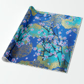 Blauw Goud Japanse Kersenbloesem Decoupage Cadeaupapier (Uitgerold)