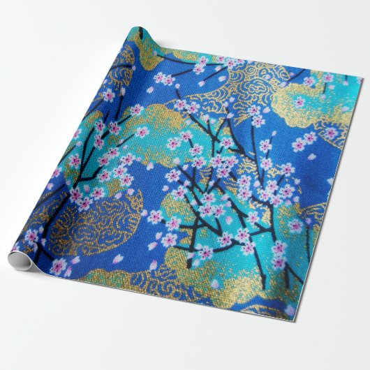 Blauw Goud Japanse Kersenbloesem Decoupage Cadeaupapier (Uitgerold)