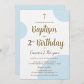 Blauw Goud Jongen Doop 2e Verjaardag Uitnodiging (Voorkant / Achterkant)