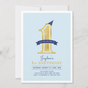Blauw & Goud Jongens 1e verjaardagsfeestje Kaart