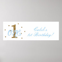 Blauw & Goud Jongens EEN 1e Verjaardagsfeest Banne Poster