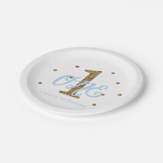 Blauw & Goud Jongens ÉÉN 1e Verjaardagsfeest Papieren Bordje (Gekanteld)