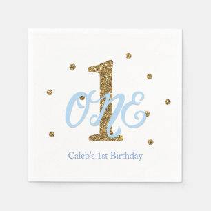 Blauw & Goud Jongens ÉÉN 1e Verjaardagsfeest Servet