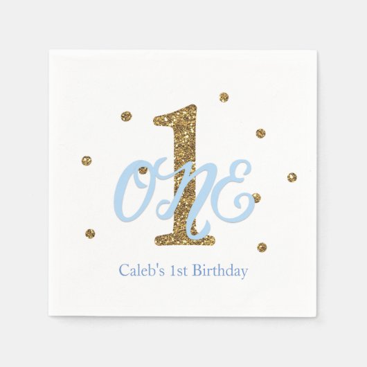 Blauw & Goud Jongens ÉÉN 1e Verjaardagsfeest Servet (Voorkant)