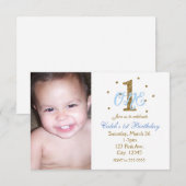 Blauw & Goud Jongens ÉÉN 1e Verjaardagsfeestfoto Kaart (Voorkant / Achterkant)