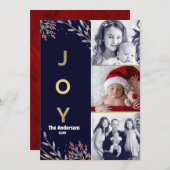 Blauw & Goud JOY 3 Drie foto vakantie Kerstmis Feestdagenkaart (Voorkant / Achterkant)